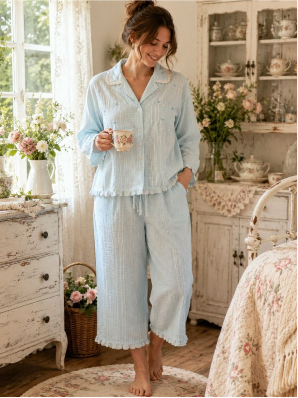 Miss Elaine Pajama Set Large Aqua Blue Seersucker Embroidered Floral Lace Trim